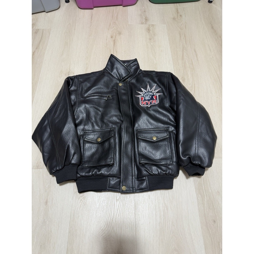 New York Rangers NHL Winning Goal Black Leather Bomber Jacket Kids Medium 10-12